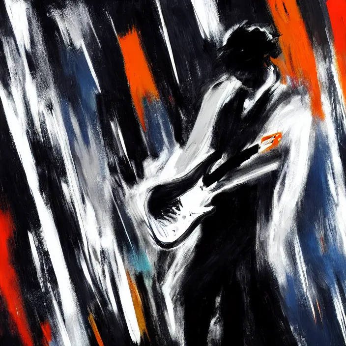 Image similar to large diagonal brush strokes, abstract dark painting of a young korean male musician wearing black tank top holding a telecaster!!! electric guitar!! in a dark room, thick flowing dramatic brush strokes, matte colors, abstract, impressionist, motion, trending on artstation