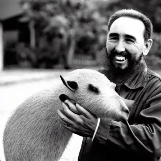 Image similar to photo of Fidel Castro smiling, holding his pet Capybara, 50mm