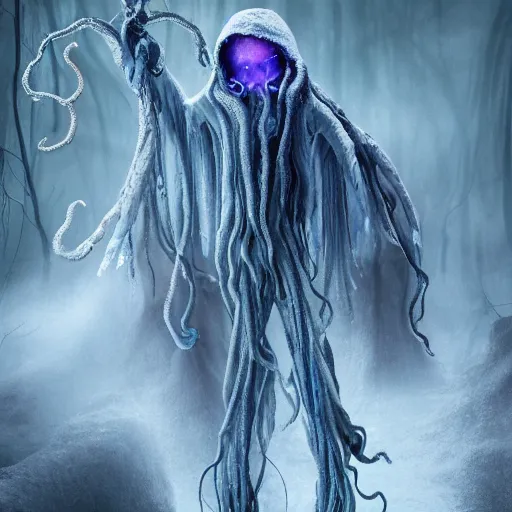 Image similar to a humanoid ethereal ghost like live action muppet wraith like figure with a squid like parasite as its head and four long tentacles for arms that flow gracefully at its sides like a cloak while it floats around a frozen rocky lake in the middle of the frozen woods searching for lost souls and that hides amongst the shadows in the trees, this character can control the snow and ice and has mastery of the shadows, it is known as the bringer of nightmares and the conqueror of the endless night terrors and staring too long can cause paralysis, it is a real muppet by sesame street surrounded by lost muppet souls, photo realistic, real, realistic, felt, stopmotion, photography, sesame street