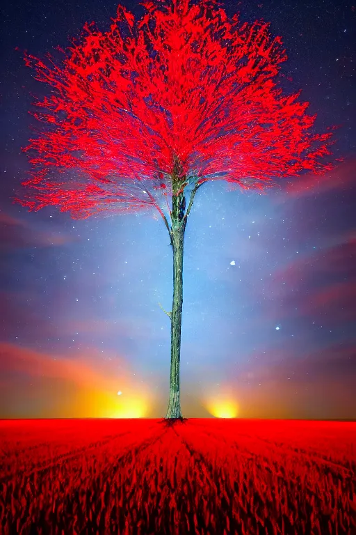 Image similar to A giant glowing red tree made out of light in the center of a corn field blasting off into space, 8K UHD, blue color scheme