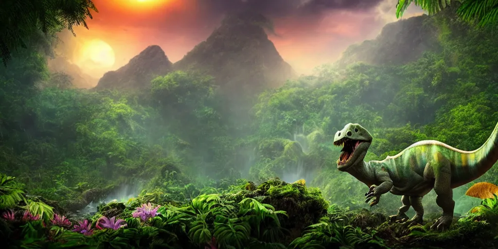 Prompt: a ghost dinosaur in a prehistoric jungle, lush flora, waterfall, mountains, dark towering clouds, flowers, vines, sunset, volumetric lighting, rtx on, washed out colors, an award winning digital render, beautiful, ultradetailed, great composition