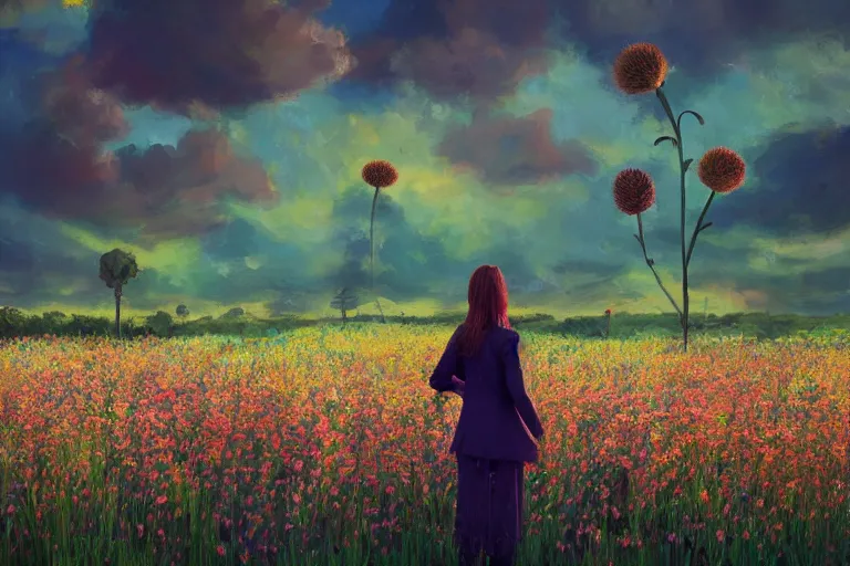 Image similar to giant thistle flower head, girl in suit in field of flowers, surreal photography, sunrise, blue sky, dramatic light, impressionist painting, digital painting, artstation, simon stalenhag