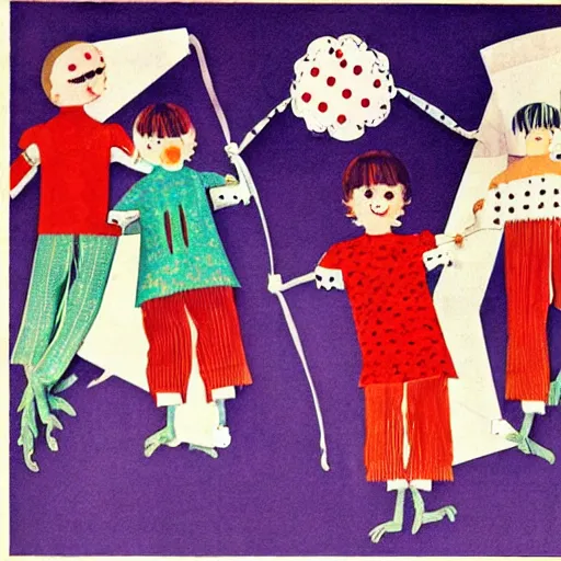 Prompt: marionettes dance so wildly with such great abandon, 1960s children book illustration