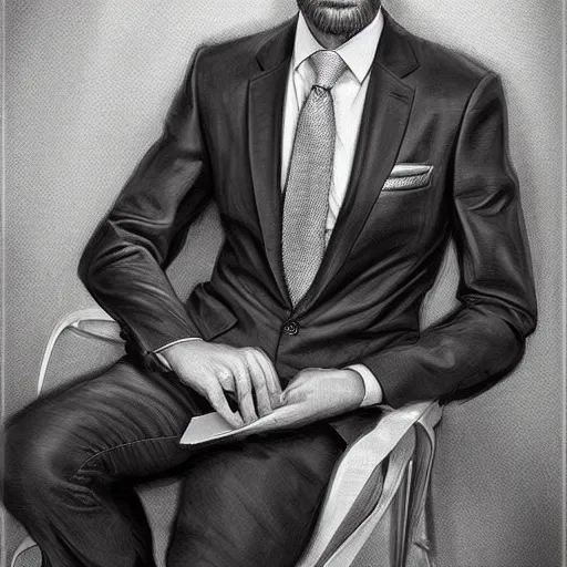 Image similar to handsome serious man in a three - piece suit, hyper realism, digital painting, high quality, detailed portrait