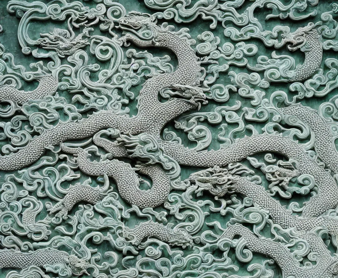 Image similar to an intricately detailed jade dragon soaring over ancient chinese temples