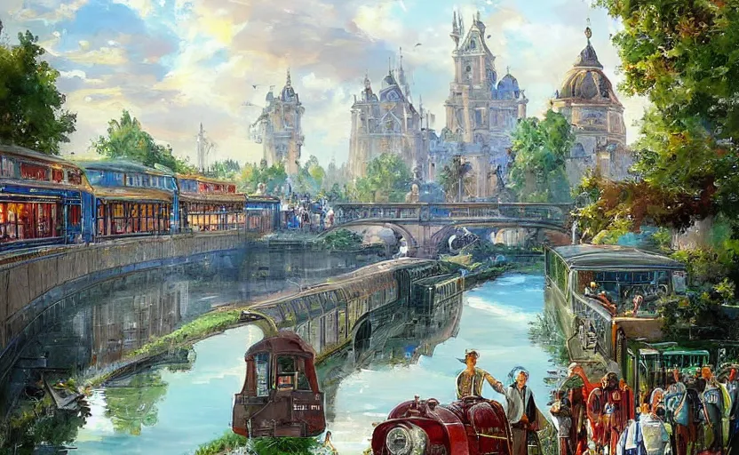 Image similar to Beautiful alchemy urban train that rides inside of a waterway on a fantasy city, next to a fountain and a mystical palace. By Konstantin Razumov, highly detailded