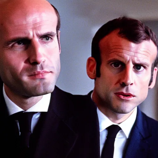 Prompt: bald and beardy Emmanuel Macron in American Psycho (1999)