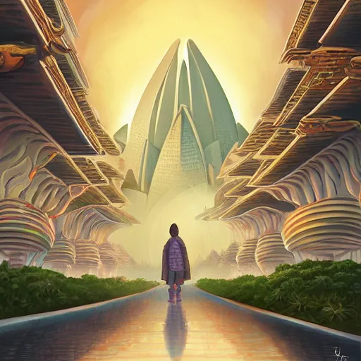 Image similar to street view of gigantic lotus flower temple city at night by cyril rolando and naomi okubo and dan mumford and ricardo bofill