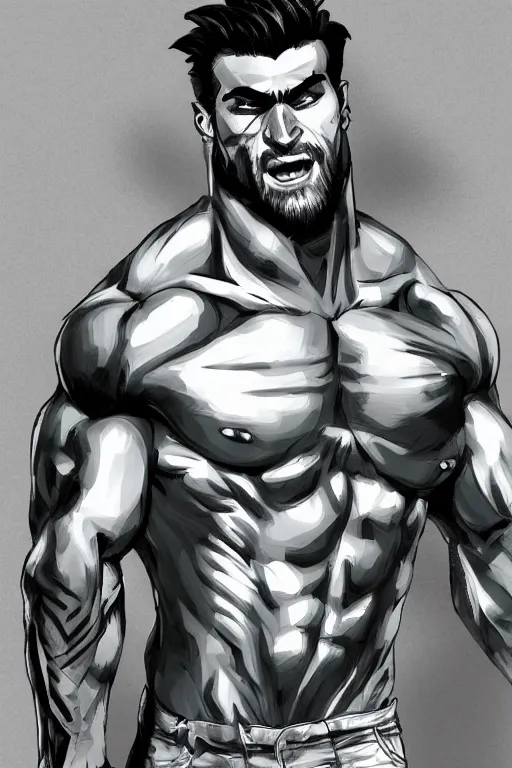 Image similar to the ultimate gigachad, incredibly muscular man with chiseled jawline, black hair, green eyes, trending on artstation, artstationHD, artstationHQ, 4k, 8k