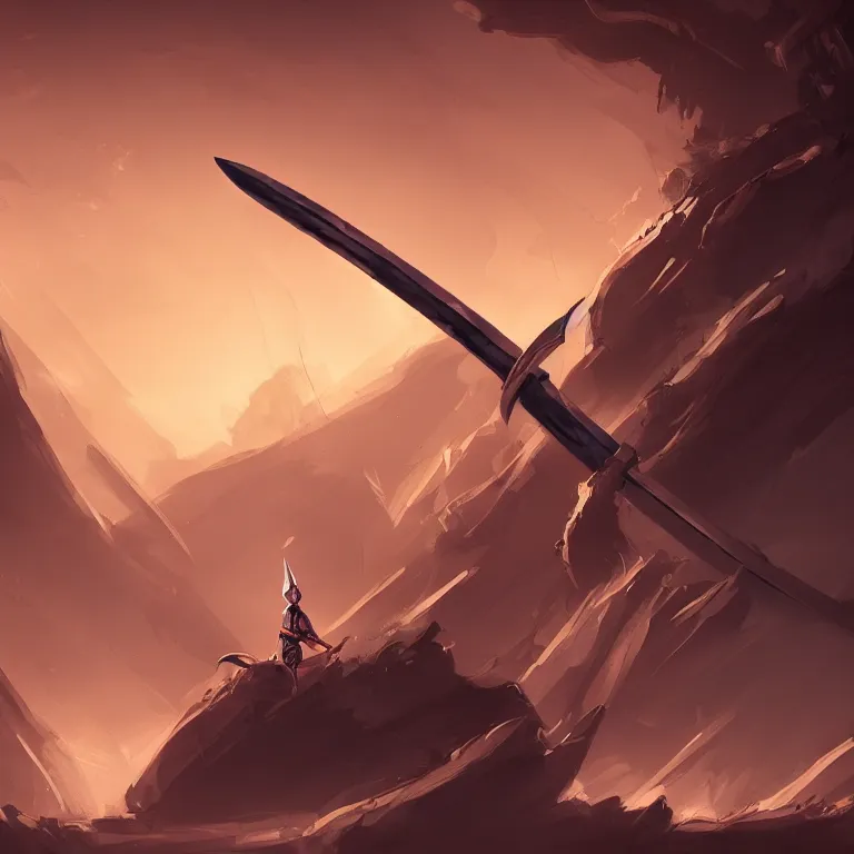 Image similar to The Sword Excalibur in the ground, concept art in the style of Diego Gisbert Llorens, dramatic lighting, highly stylized, trending on artstation, high-quality wallpaper, desktopography