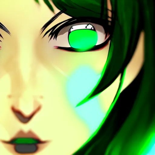 Image similar to a woman with dark green hair and glowing green eyes, anime, artstation, trending on artstation, high quality