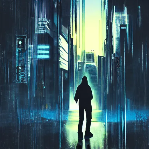 Image similar to digital art cyberpunk landscape silhouette of young man in a hoodie in the foreground