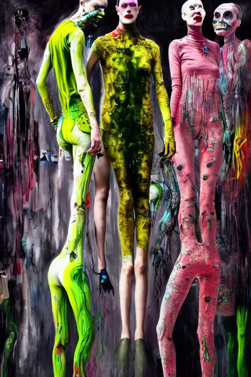 Image similar to crazy fashion catwalk, one model, crazy clothes, biopunk style, horror, clothes look like slime, hauntingly surreal, highly detailed painting by francis bacon, edward hopper, adrian ghenie, gerhard richter, and james jean soft light 4 k,