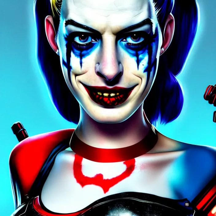 Image similar to portrait of Anne Hathaway as a harley quinn in Suicide Squad. intricate abstract. intricate artwork. by Tooth Wu, wlop, beeple, dan mumford. octane render, trending on artstation, greg rutkowski very coherent symmetrical artwork. cinematic, hyper realism, high detail, octane render, 8k, iridescent accents