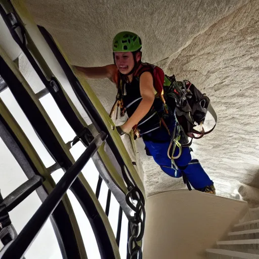 Prompt: climbing expedition on stairwell, high quality photo