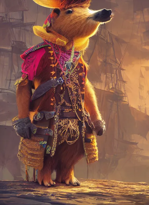 Image similar to detailed full body concept art illustration matte painting of a cute anthropomorphic capybara as a pirate in full intricate colorful clothing, ultra detailed, digital art, octane render, 8K, dystopian, biomutant, micro details