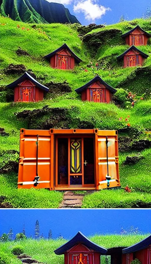 Image similar to hobbit monastery on hawaii, shipping containers emerging from hillside, prefab mini homes, by Ivan Bilibin, Lisa Frank