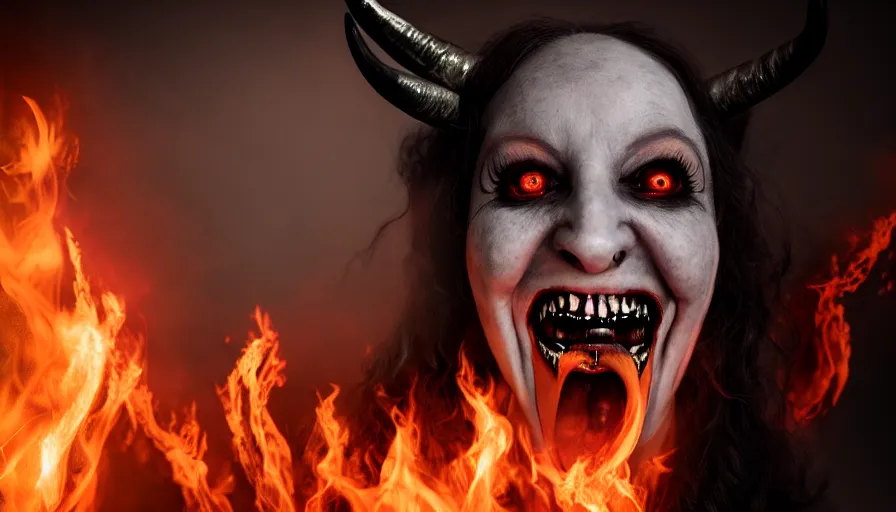 Prompt: portrait of a beatuiful sinister laughing woman with horns made of flames in gothic attire, horror, creepy vibe, looking into the camera, nightmare fuel, studio photography, studio lighting, realistic render, octane render, 4 k, 8 k, face in focus