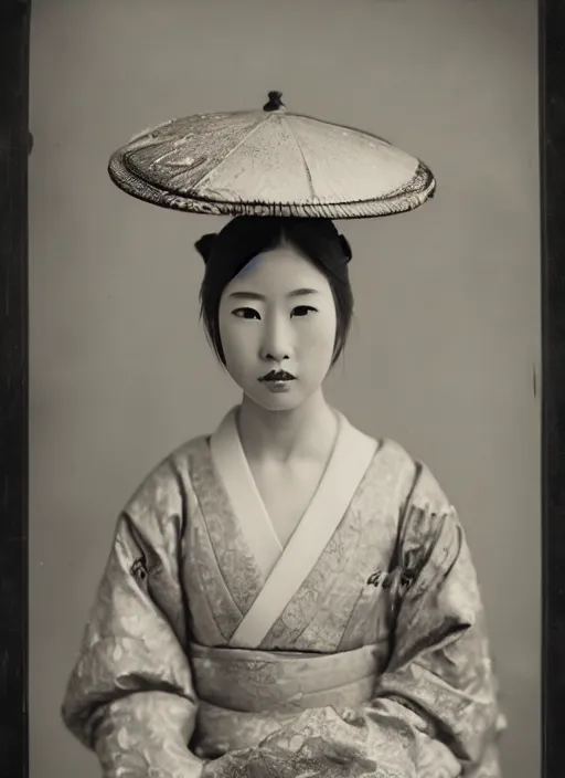 Image similar to a wet plate portrait of a young asiatic woman, geisha, traditional dress, flowers, photorealistic, cinematic light, highly detailed, smooth, sharp focus, illustration, shallow depth of field