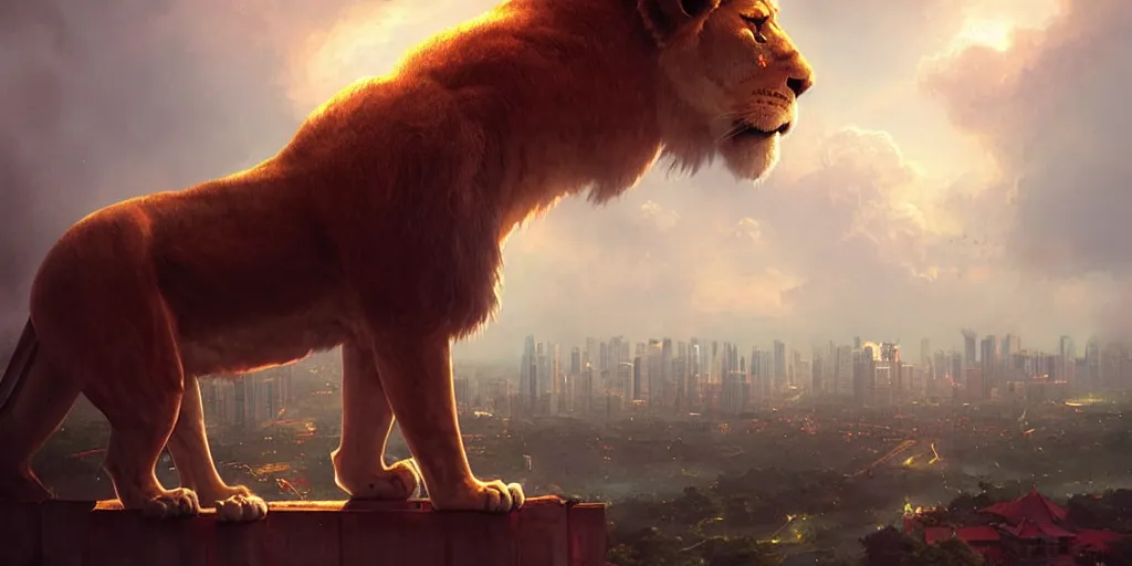 Image similar to Singapore city with a lion-shaped!!!!! cloud in the sky, by greg rutkowski, red and white lighting, digital art, ultra realistic, ultra detailed, photorealistic, 4k, character concept