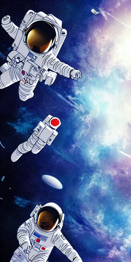 Prompt: female astronaut floating through space, liminal, lonely, anime movie, highly detailed