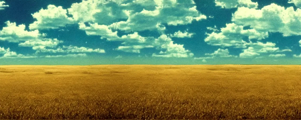 Image similar to film still of kansas landscape and sky, intricate, beautiful, serene, majestic, detailed, ultra, mega, super, visable sounds waves