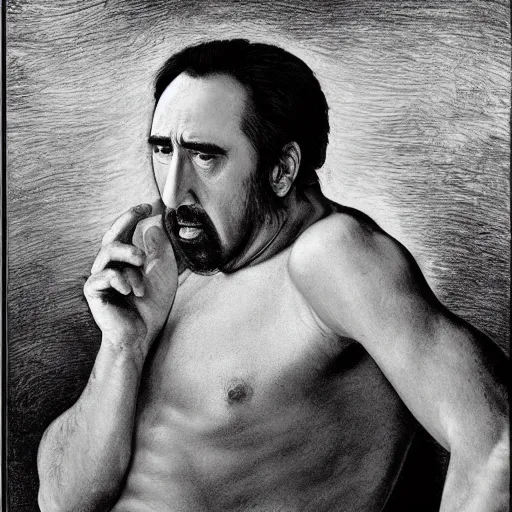 Image similar to highly detailed portrait of nicolas cage without a shirt laying down inside of a banana, 4 k, in the style of caravaggio, monet, botticelli and dali