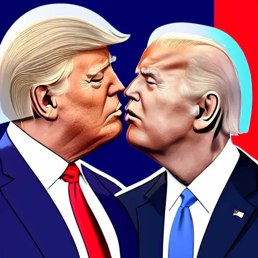 Prompt: joe biden and donald trump kissing, 2 0 2 4 presidential debate, photorealistic rendering. artstation, 4 k, hyperrealism