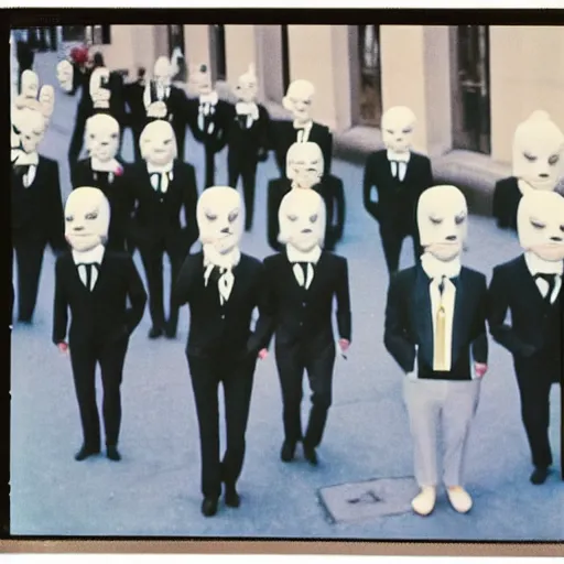Prompt: wide-shot low angle of empty animated formal suits ((heads)) walking down the street, polaroid photo, by Andy Warhol, by Rene Magritte