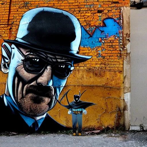 Prompt: Walter White as Batman, Heisenberg as the Dark Knight, Urban Graffiti Banksy, Bordalo, trending on artstation