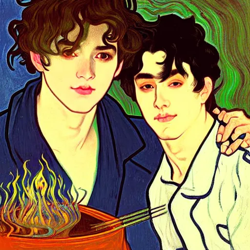 Image similar to painting of young cute handsome beautiful dark medium wavy hair man in his 2 0 s named shadow taehyung and cute handsome beautiful min - jun together at the halloween party, bubbling cauldron, candles, smoke, tarot, autumn colors, elegant, stylized, soft facial features, delicate facial features, art by alphonse mucha, vincent van gogh, egon schiele