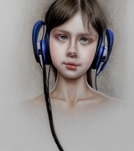 Image similar to young girl wearing headphone listening to amplifier realistic unreal details trending on deviantart artstation drawing painting portrait giger sorayama ito junji frank Miller style