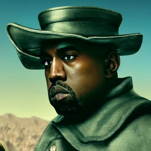 Image similar to Kanye West as Emperor Napoleon in Fallout New Vegas, splash art, movie still, cinematic lighting, dramatic, octane render, long lens, shallow depth of field, bokeh, anamorphic lens flare, 8k, hyper detailed, 35mm film grain