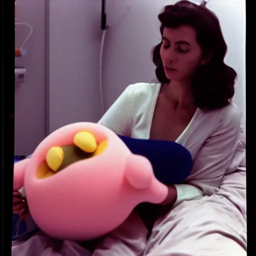 Image similar to woman who has given birth to a squishy inflatable toy, in hospital bed, French film, archival footage, technicolor film expired film, 16mm