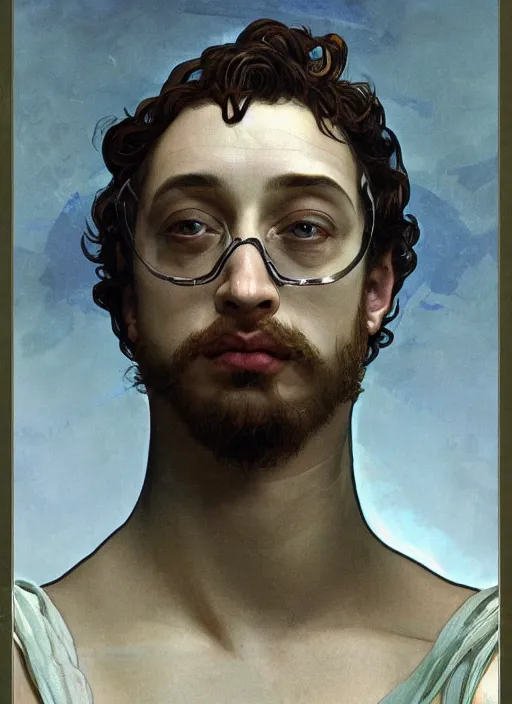 Image similar to Sam Hyde wearing a luxurious suit of Roman armor, posing, sigma male, portrait art by alphonse mucha and greg rutkowski, highly detailed, digital painting, concept art, illustration, dim lighting with twilight rays of sunlight, trending on artstation, very detailed, smooth, sharp focus, octane render, close up