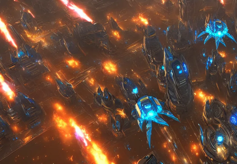 Prompt: protoss spaceship attacking zerg city from above beautiful art uhd 4 k, artstation, hdr, 4 k, incredible detail, cinematic lighting, unreal engine 5