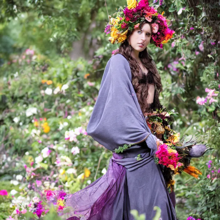 Image similar to a harpy wearing a cloak made of flowers, by Omar Z. Robles, CANON Eos C300, ƒ1.8, 35mm, 8K, medium-format print