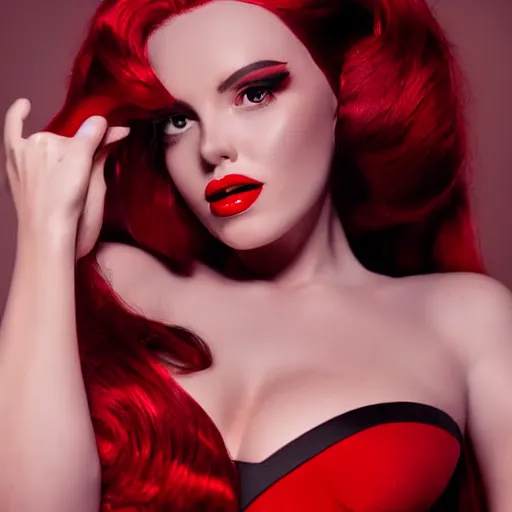 Image similar to modeling photograph full body jessica rabbit in her signature red dress, femme fatale, beautiful, dark, mysterious, detailed flawless face, dramatic darkroom lighting high exposure, head and shoulders 8 0 mm camera