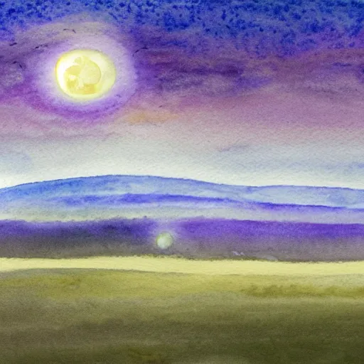 Prompt: a watercolour landscape of a vast ethereal misty moor under a starry night sky, giant super moon, amethyst citrine opal, muted pastel tones, david attenborough nature documentry footage, ultra high definition, 8 k, watercolours on paper, inks, brush strokes