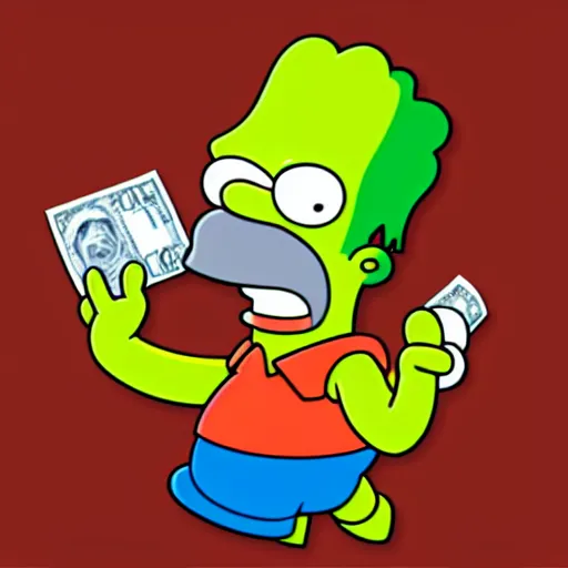 Image similar to 3 d icon of simpsons character throwing out his hand with money shouting at the camera. on white. cartoon like. simpsons, futurama