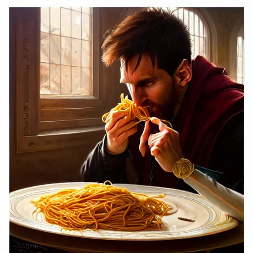 Prompt: Messi eating spaghetti, upclose, D&D, fantasy, intricate, elegant, highly detailed, digital painting, artstation, concept art, matte, sharp focus, illustration, art by Artgerm and Greg Rutkowski and Alphonse Mucha