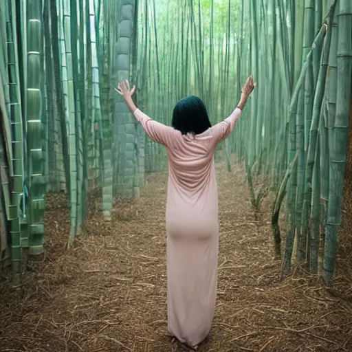 Prompt: A mother came out of the bamboo forest with her child in her arms, surrounded by a group of women, with a ball of light behind the mother and a bamboo forest full of fog as background.