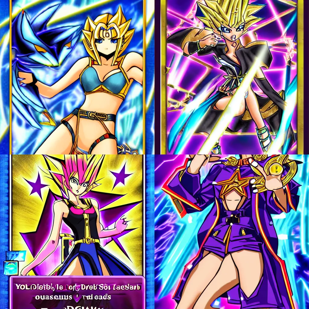 Prompt: yu-gi-oh card art for Cyber Diva Superstar