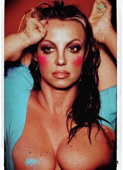 Prompt: Whole body and face wide shot of Britney Murphy in an abandoned trailer park, polaroid clear, colorful image