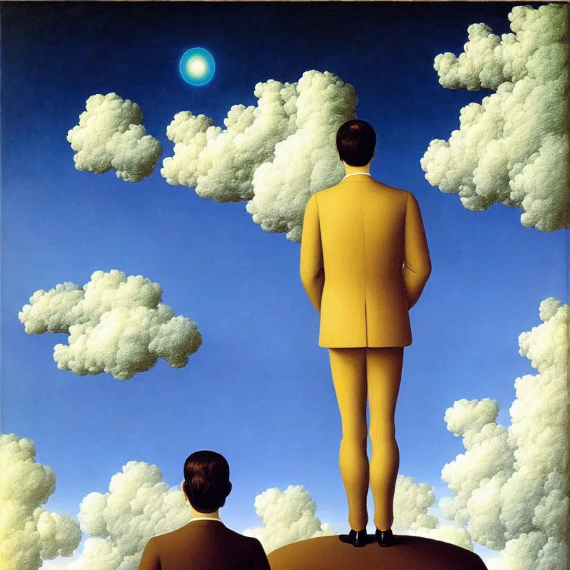 Image similar to painting of a scientist looking up in the dreamy sky, highly detailed, sharp focus, surreal, dreamlike, by rene magritte and salvador dali