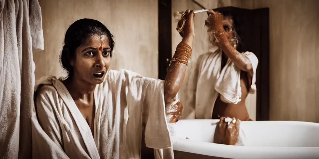 Prompt: sri lankan woman in the bathroom, wearing a bath robe, film still, psycho thriller movie style