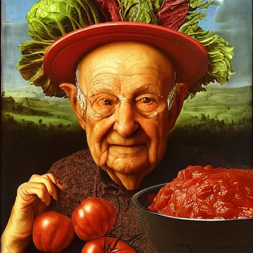 Image similar to a 9 0 year old boy sitting in a tub full of tomato sauce, a lot of cabbage, by giuseppe arcimboldo and ambrosius benson, renaissance, portrait, fruit, intricate and intense oil paint, realistic
