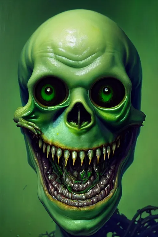 Prompt: a beautiful oil painting hyperrealism of a happy smiling zombie head, green bulging eyes, rotten green skin, grey beard, blue veins, skull bones, moody lighting, 8 k resolution, octane render, trending on artstation, by h. r. giger and greg rutkowski