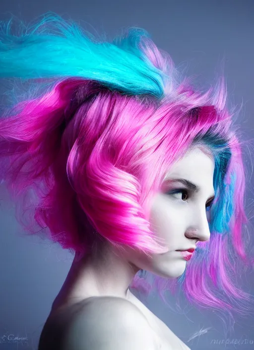 Image similar to a dramatic lighting photo of a beautiful young woman with cotton candy hair. blood splashes with a little bit of cyan and pink