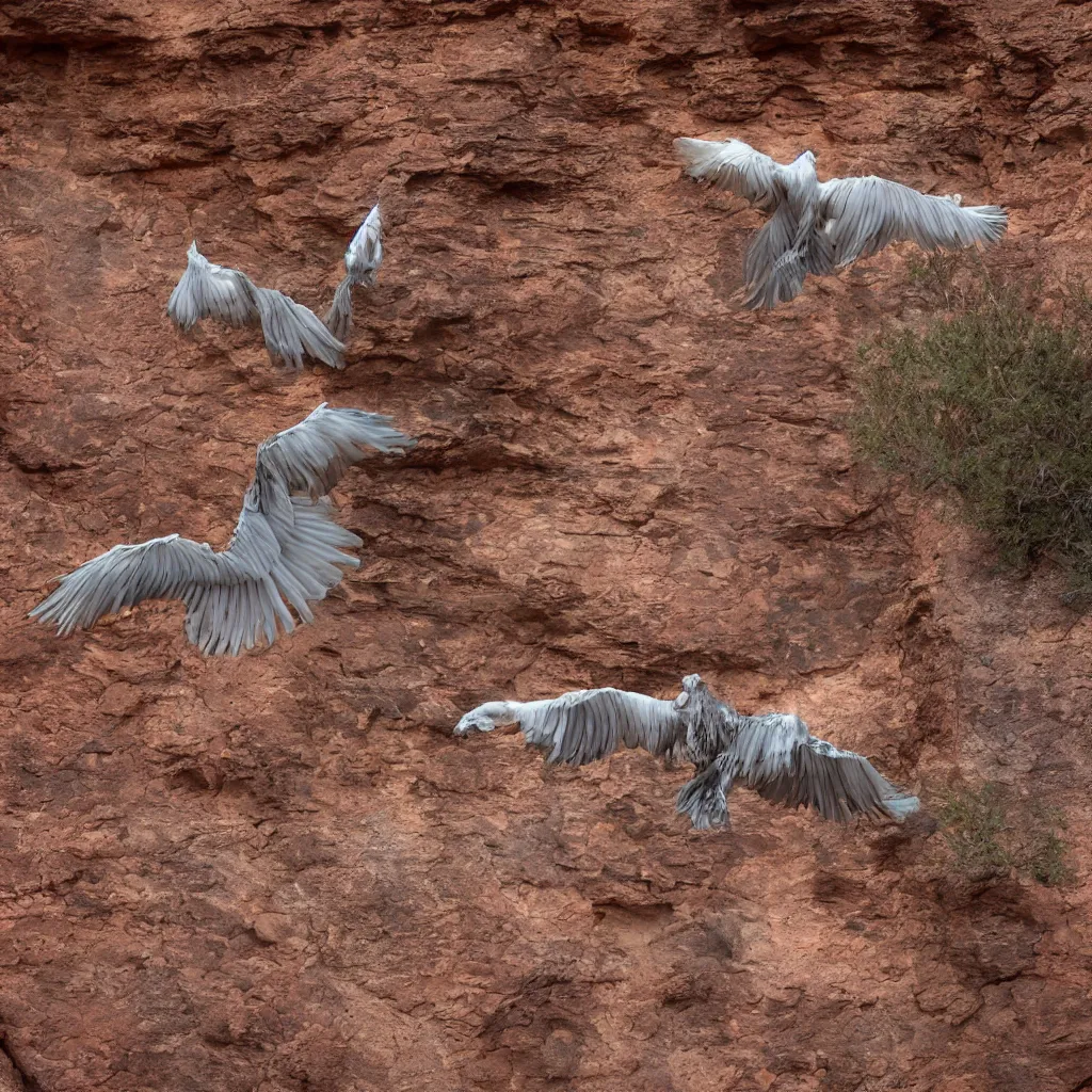 Prompt: feathered flying snake flying through a shot canyon, Utah, light rays, ambient occlusion